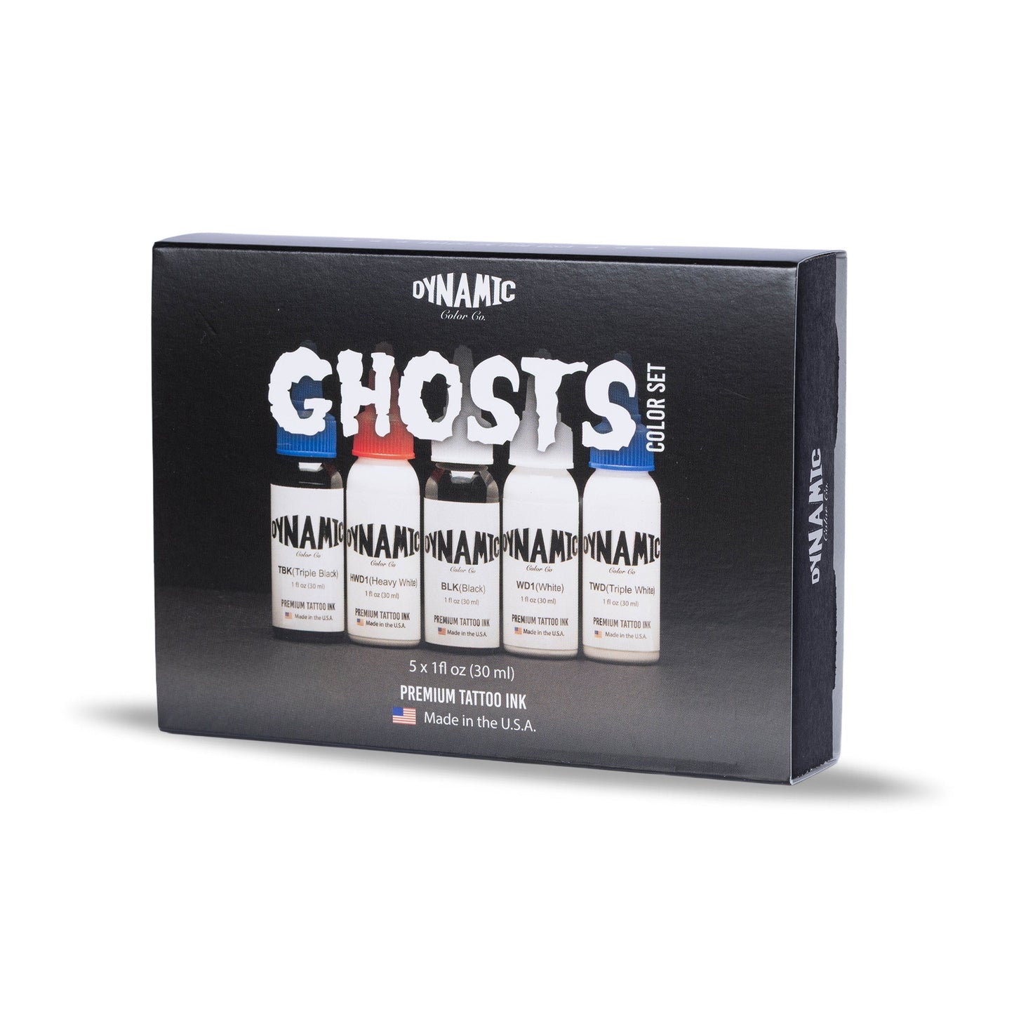 A boxed tattoo ink color set on a plain white background. The package is black with large white 'GHOSTS' text and shows five small bottles labeled Dynamite Color Ink, including Black, White, Red, Blue, and Brown.