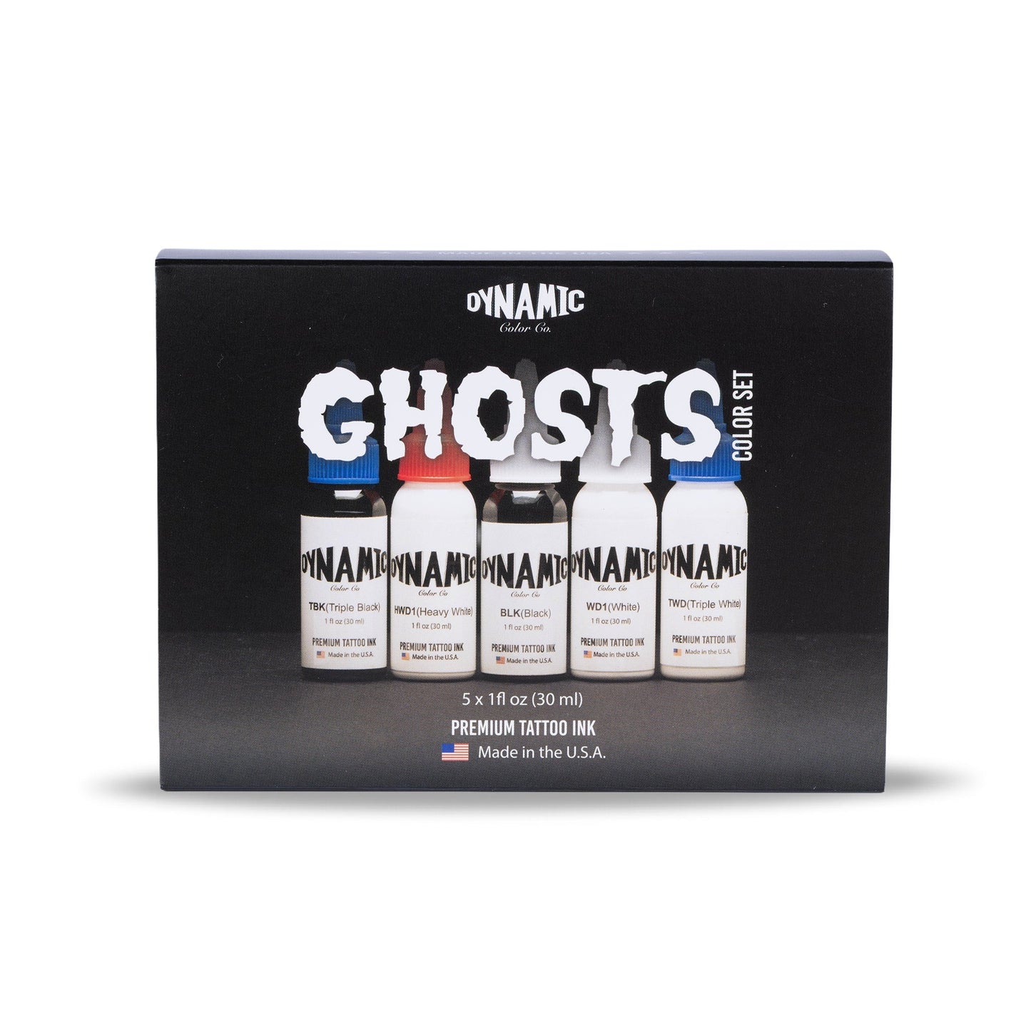 Dynamic Color Co. Ghosts Color Set premium tattoo ink kit in a black box, featuring five small bottles with black, red, and blue caps.