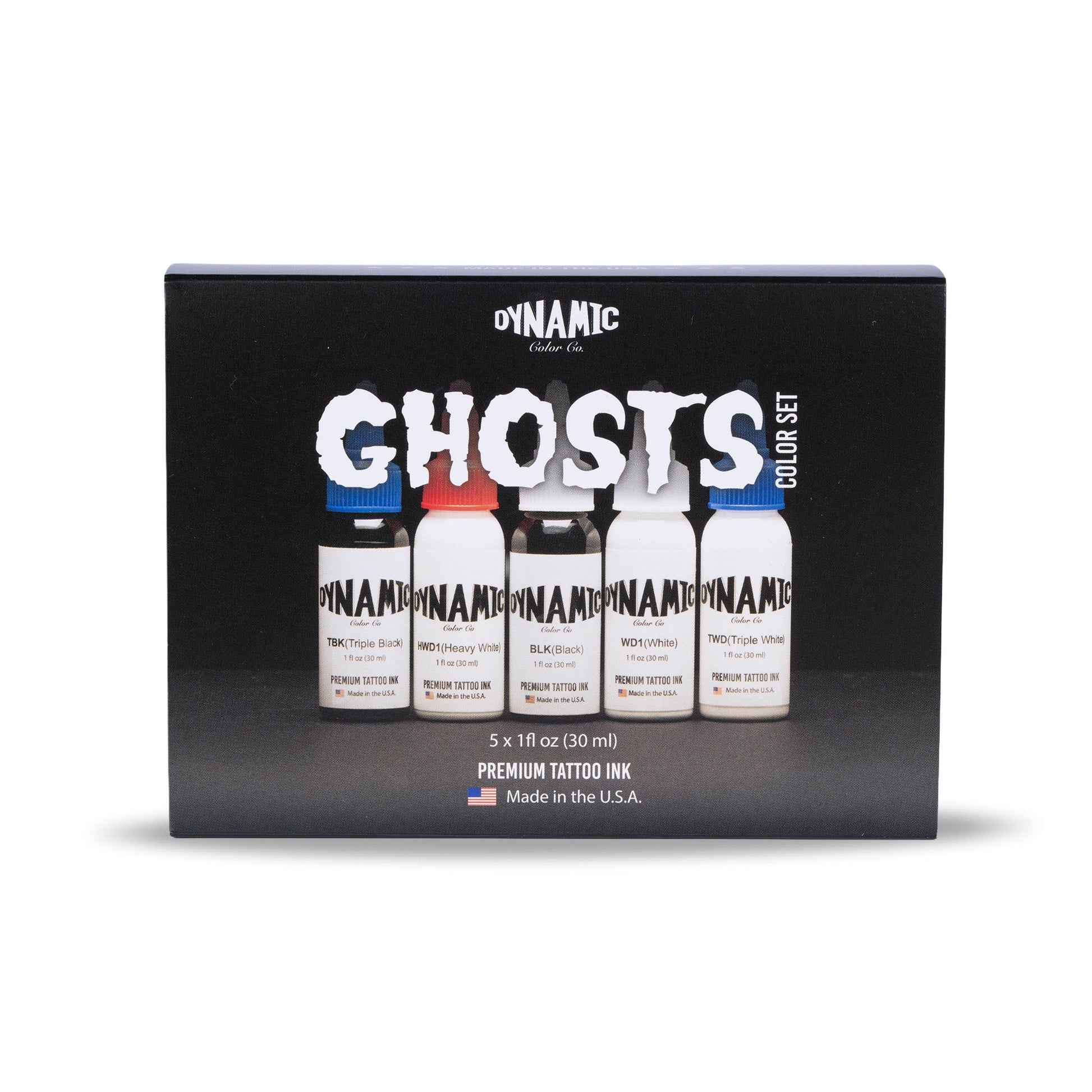 Dynamic Color Co. Ghosts Color Set premium tattoo ink kit in a black box, featuring five small bottles with black, red, and blue caps.