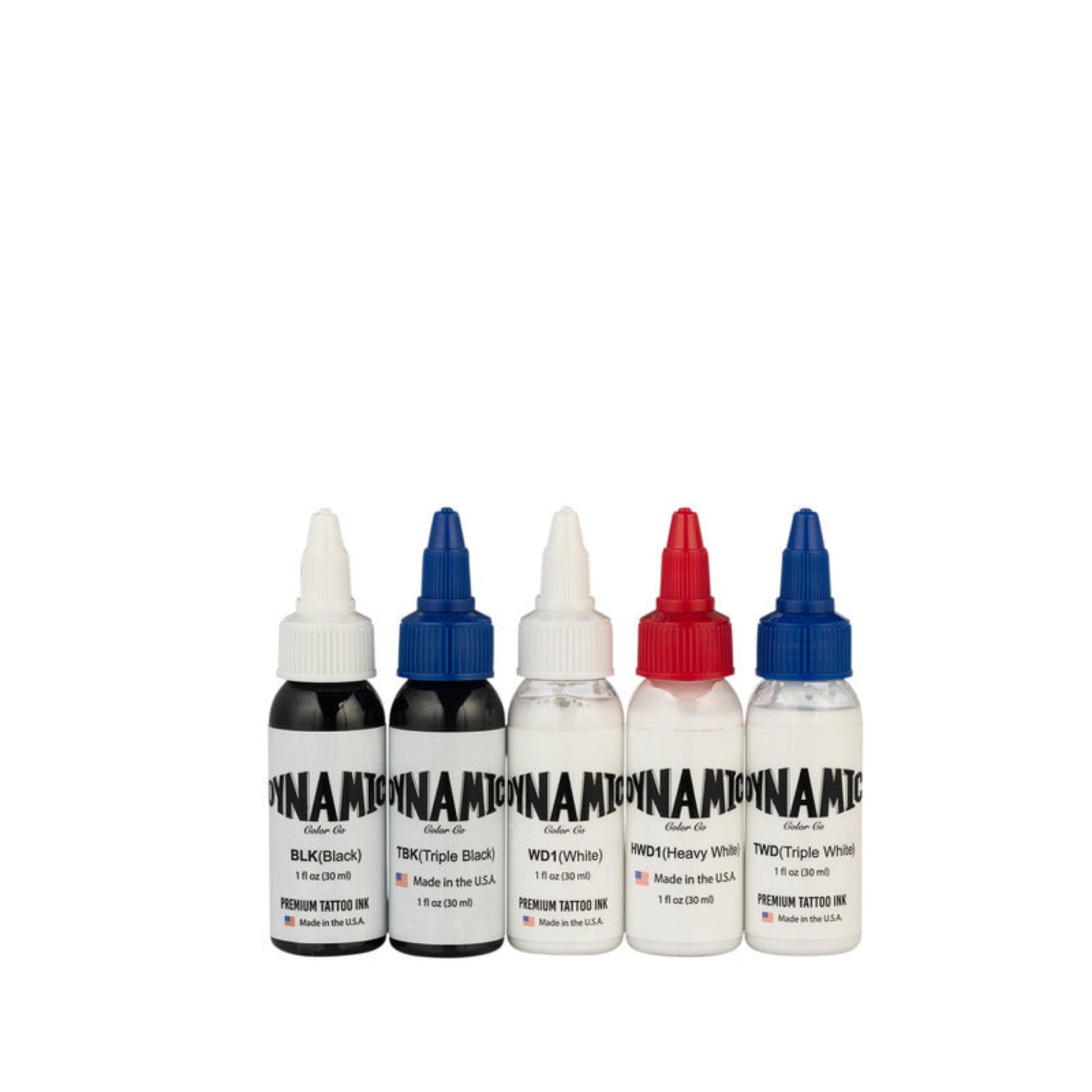 Five bottles of DYNAMIC tattoo ink on a white background