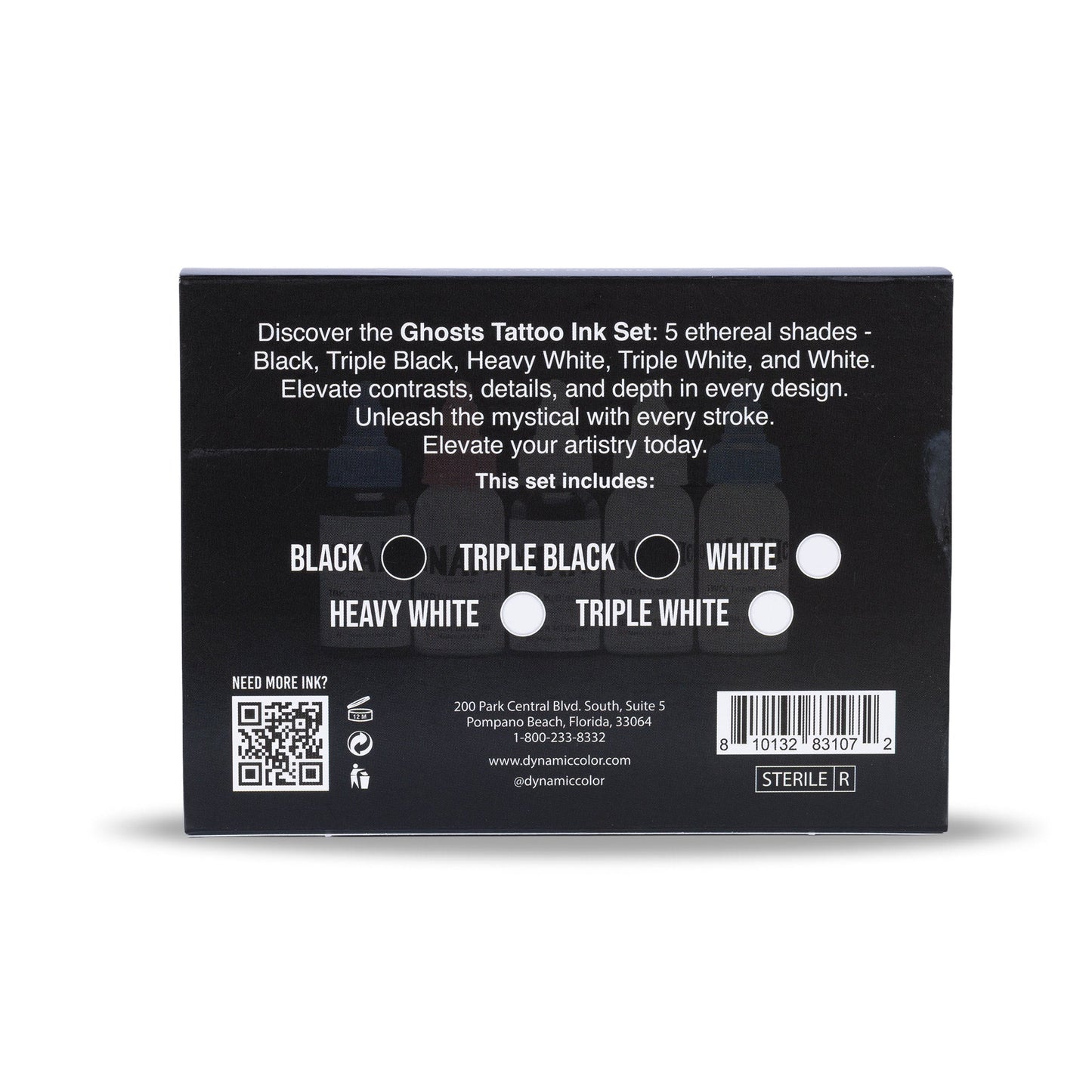 The back of a Ghosts Tattoo Ink Set box on a white background, showing product information, shade options, a QR code, and a barcode.